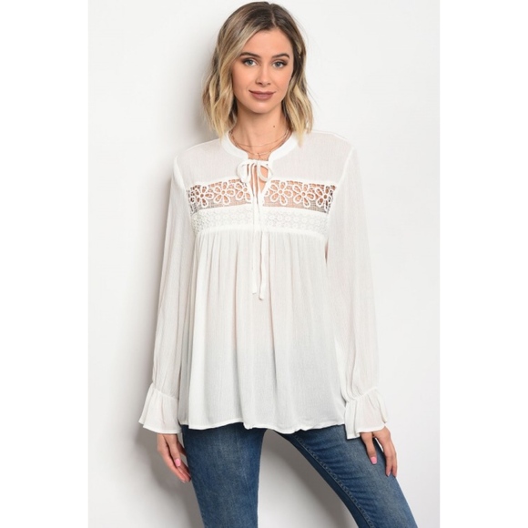 LAST! Off White Boho Blouse with Tassel Keyhole - Picture 2 of 3
